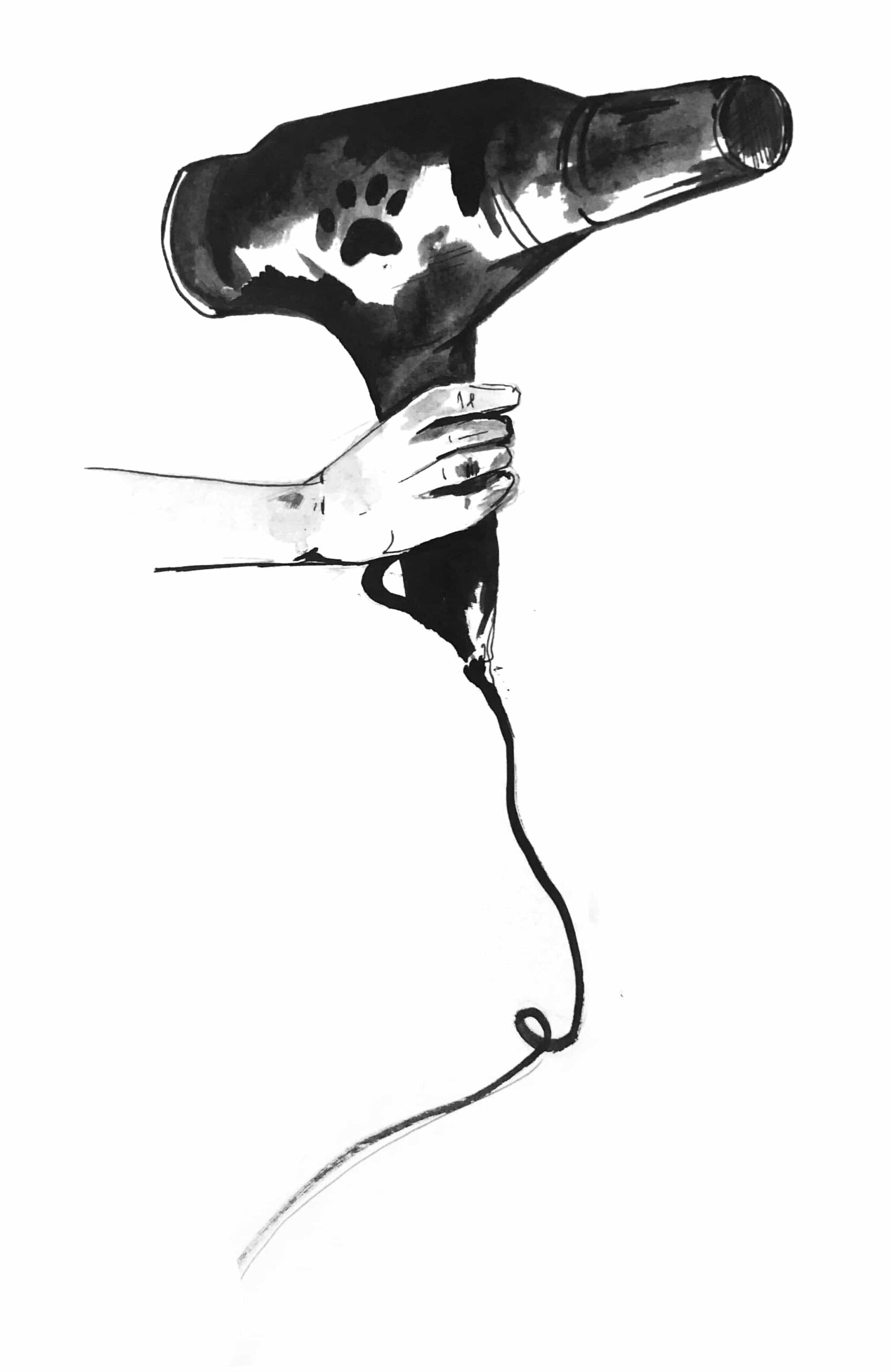 Ink illustration of a dog grooming hair dryer