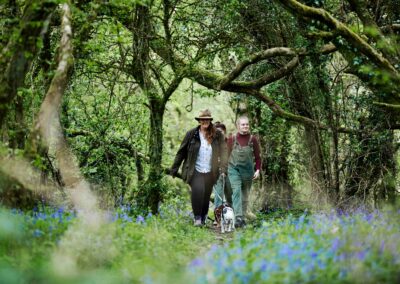 A dog and its handlers walking a bluebell-lined woodland path on the Somerset estate