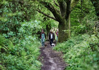 Guests walking dogs along a wooded path on the Country Dog Hotel estate