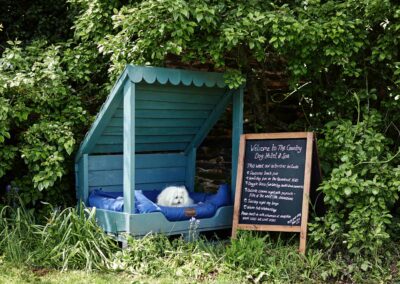 A cosy blue dog den in the garden with a small dog resting inside beside a chalkboard menu
